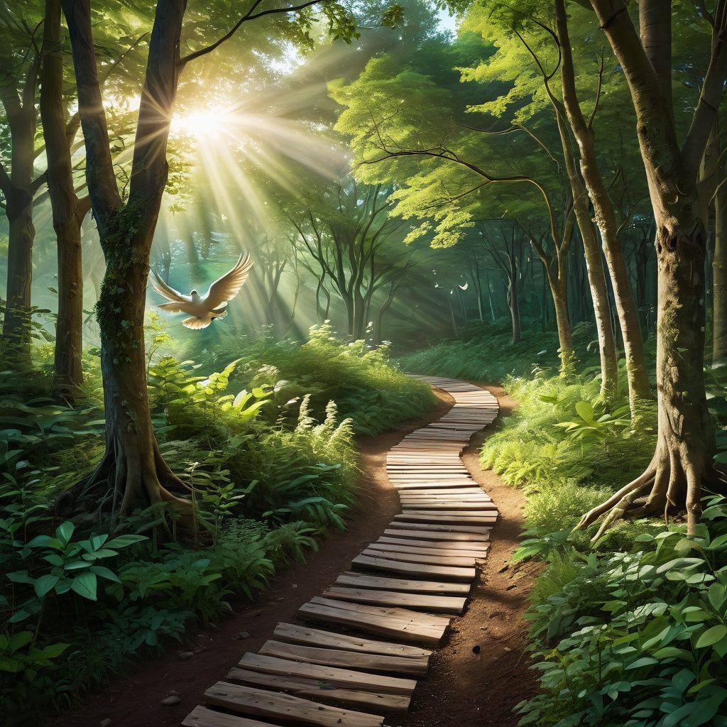 A serene landscape depicting a winding path through a lush green forest, symbolizing the journey to recovery; along the path, there are signs representing advocacy and education, with soft rays of sunlight breaking through the trees, illuminating wellness symbols like a heart and peace dove; a figure walking on the path, embodying hope and resilience. super-realistic. vibrant colors. peaceful atmosphere.