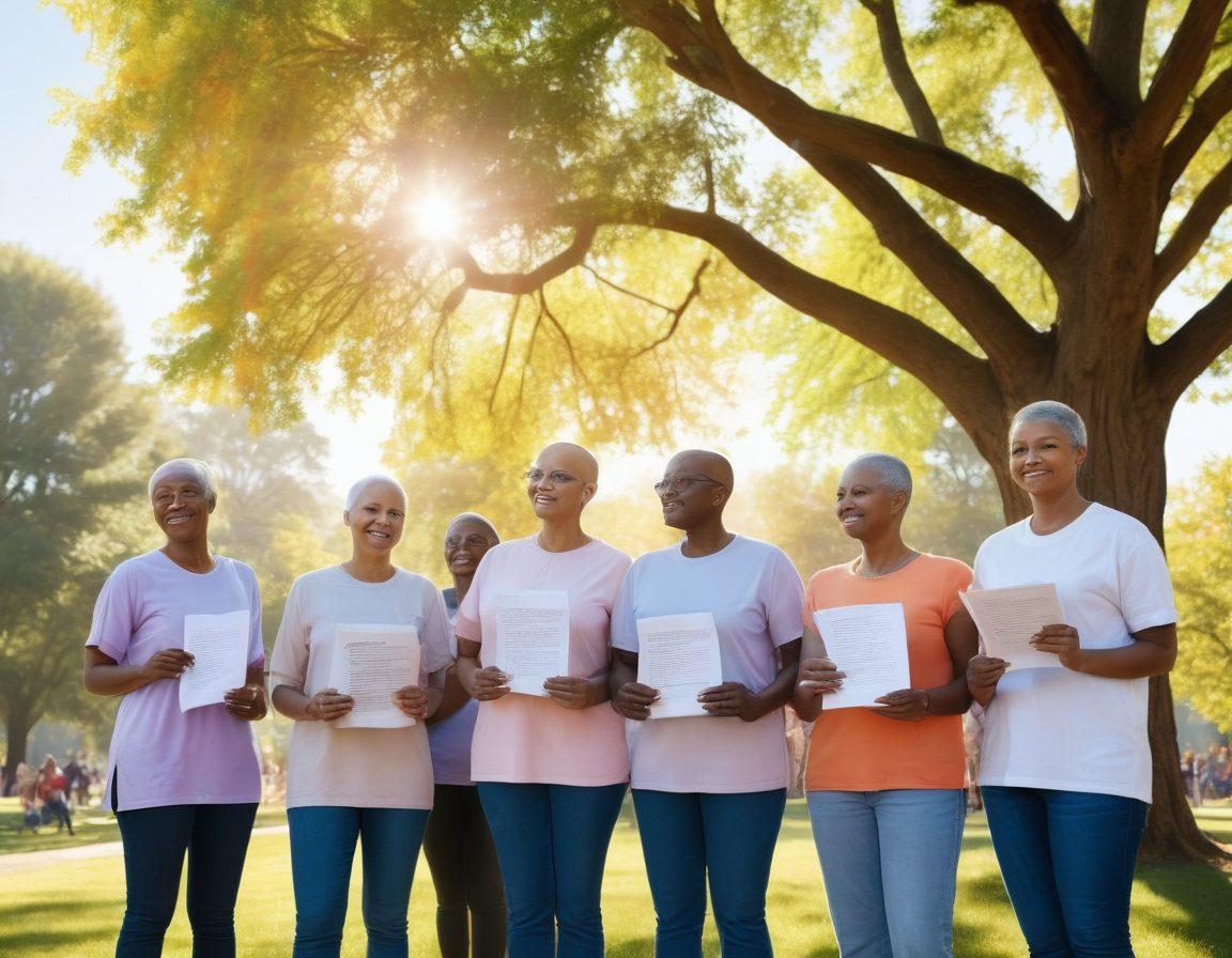A hopeful scene of a diverse group of cancer survivors, standing united in a sunny park. They hold research materials and pamphlets, symbolizing empowerment through knowledge. In the background, a large tree provides shade, with a rainbow visible in the sky, representing hope and recovery. The overall atmosphere is uplifting and supportive, with vibrant colors. super-realistic. bright sunlight.